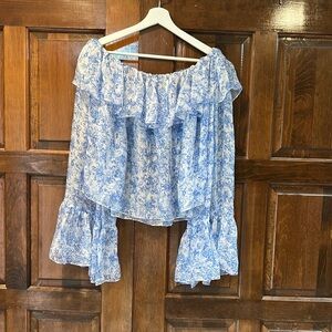 Caroline Constas Blue Floral Silk Blouse Size Large Off The Shoulder Sheer